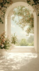 Elegant floral archway serene garden light-filled environment tranquil viewpoint nature's beauty