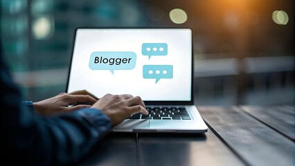 Obraz premium A sleek one-line art of a blogger typing on a laptop with speech bubbles floating above