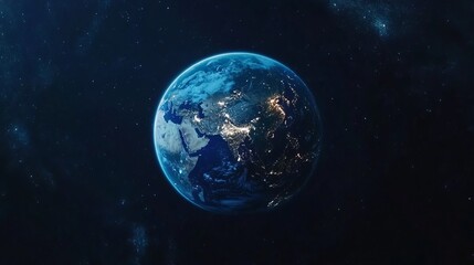 Obraz premium An incredible satellite view of Earth from space, showcasing the beautiful blue planet. The horizon is illuminated by the lights of night cities, with Europe and the Middle East clearly visible.