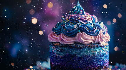  galaxy cupcake with blue and pink frosting sweet treat festive birthday magical dessert sparkling sugar