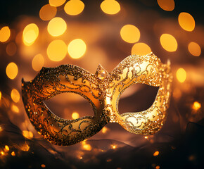 Golden venetian ball mask in front of the night bokeh lights. Masquerade party or holiday event celebration concept.