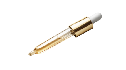 Gold liquid serum dropper with glowing skincare oil, elegant and luxurious beauty concept, isolated on white background, PNG format