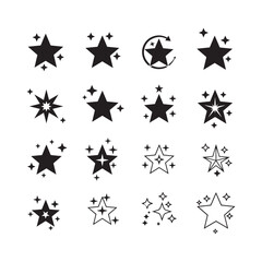 shiny black star sparkle stripe icons set silhouette vector flat design outline illustrations
