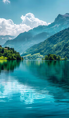 Fototapeta premium A realistic shot of turquoise blue waters reflecting the clear sky, capturing the beauty and serenity of nature in a stunning landscape.