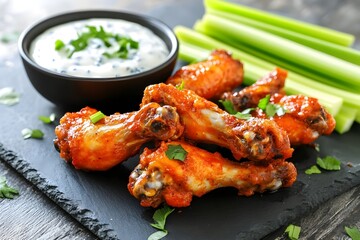 Fototapeta premium Spicy Buffalo Chicken Wings with Blue Cheese Dip and Fresh Celery Sticks Served on a Wooden Slate Plate