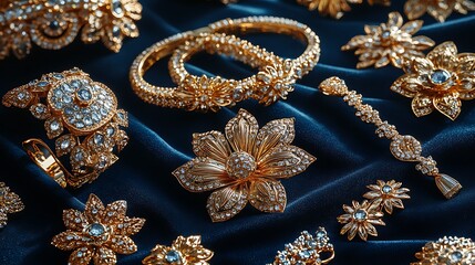 Fototapeta premium Luxurious Golden Jewelry Flat Lay Display