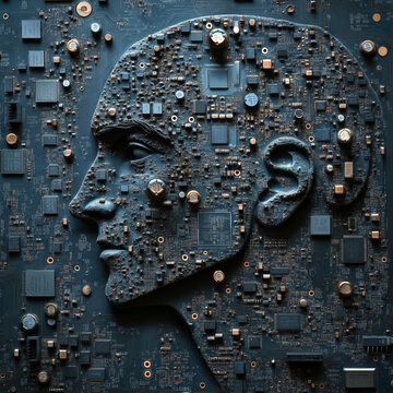 Una placa madre con chips transistores tarjeta gr&aacute;fica condensadores y la silueta de una cara de perfil a modo de inteligencia artificial, controladores mecanismo de conexi&oacute;n, dise&ntilde;o l&oacute;gico color gris