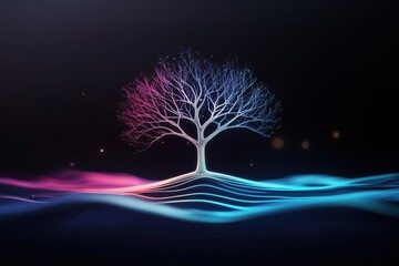 A glowing tree of AI existence, where every branch represents a different version of reality, constantly shifting in neon brilliance