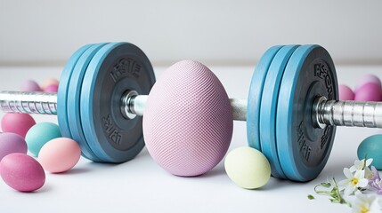 A colorful arrangement of pastel Easter eggs beside a dumbbell, symbolizing the blend of fitness and festive celebration.