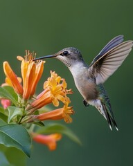 Fototapeta premium Hummingbird Sipping Nectar from Orange Honeysuckle Flowers in a Lush Garden Setting with Soft Light and Serene Atmosphere