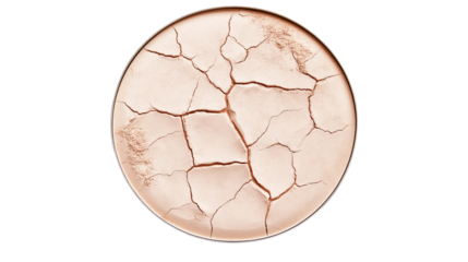 Pressed face powder texture with small cracks and soft beige color, detailed beauty product close-up, isolated on white background, PNG format