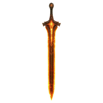 Glowing Fiery Sword with Magical Aura on Mystical Background. Fantasy art and game design.