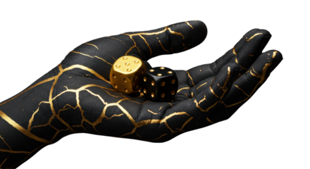 Isolated Kintsugi Repaired Hand Holding Gold and Black Dice