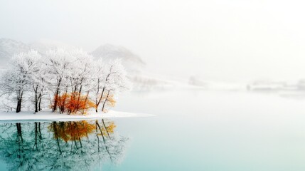 Fototapeta premium Serene Winter Landscape Snow Covered Trees Frozen Lake Misty Mountains