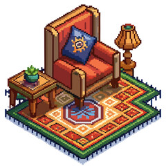 Cozy Pixel Art Reading Nook with Armchair, Lamp, and Patterned Carpet