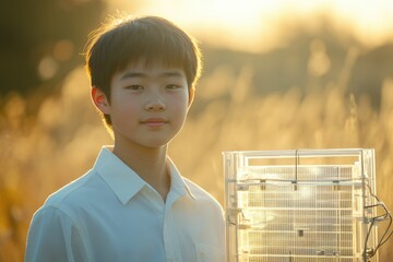 A young boy stands in a field at sunset, holding a device that may be related to renewable energy or scientific research.