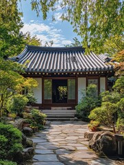 Obraz premium A beautiful traditional garden shows an elegant building with foliage