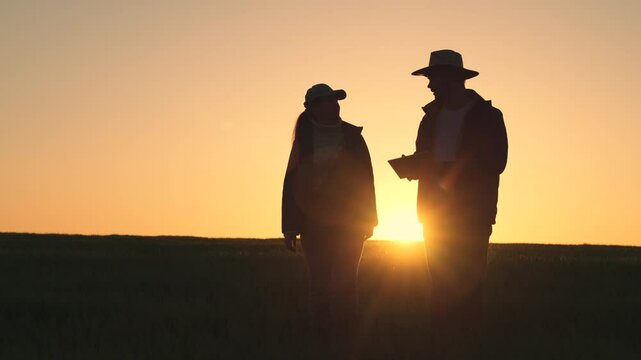 A man and woman are walking in a field at sunset. The man is wearing a cowboy hat and the woman is wearing a jacket