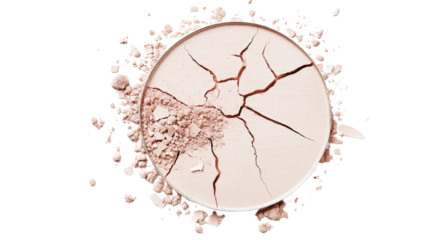 Pressed face powder texture with small cracks and soft beige color, detailed beauty product close-up, isolated on white background, PNG format
