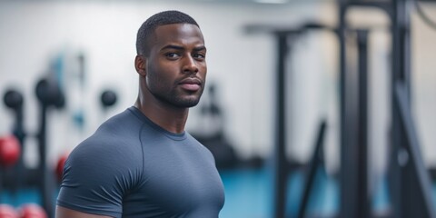 Focused man in a modern gym setting. He wears a fitted workout shirt. This image captures strength and determination. Ideal for fitness promotions and inspirational content. AI