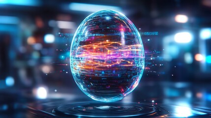 Optical egg with glowing digital patterns in a futuristic setting