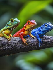 Fototapeta premium Three colorful lizards on branch