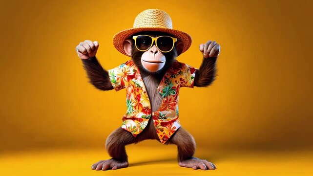 Cute Cartoon Dancing Vacation Summer Monkey Wearing Sunglasses, Hat and Hawaiian Shirt on a Yellow Background. Seamless Loop
