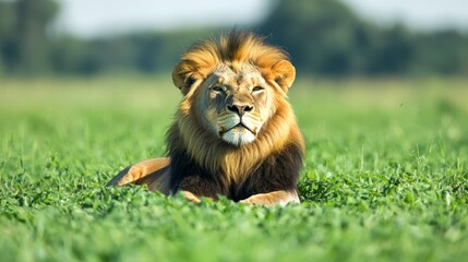 Naklejka premium Majestic Male Lion Resting in Lush Green Grass Wildlife Photography
