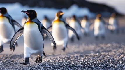 Fototapeta premium Majestic King Penguins March on Antarctic Beach