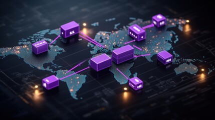 World map with purple cubes illustrating global shipping and supply chain connections in high fidelity