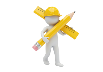 Isolated 3D Construction Worker Holding Giant Yellow Pencil and Ruler
