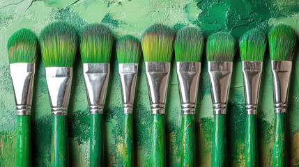 Fototapeta premium Row of paintbrushes with green bristles on textured green background, showcasing vibrant colors and artistic tools