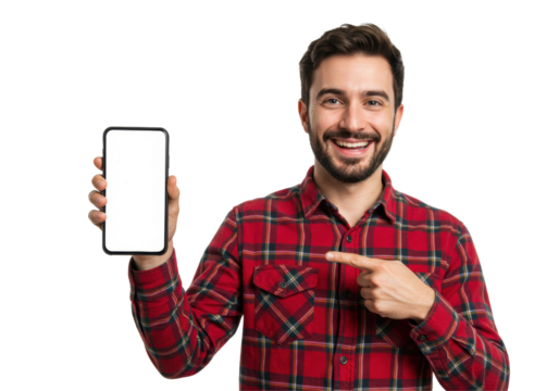 Isolated Smiling Man Holding a Blank Smartphone with Red Plaid Shirt