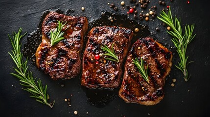 Three stacked grilled steaks with crispy char marks, presented on dark slate plate. Tender, juicy beef offers mouthwatering protein-packed meal for carnivores and food lovers
