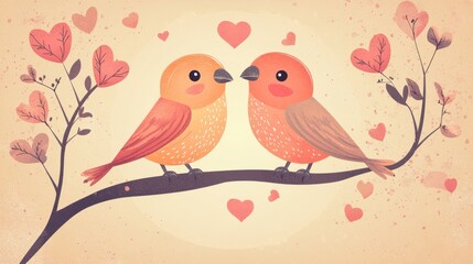 Two cute birds sitting on a branch with hearts and leaves in a romantic setting