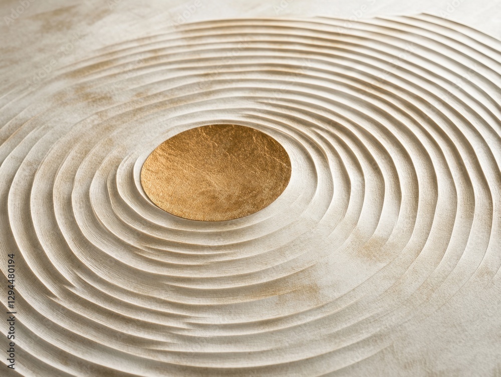 Poster golden circle on textured surface with concentric ripple patterns evoking calmness and serenity in a