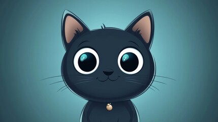 Cartoon black cat with big eyes on blue background