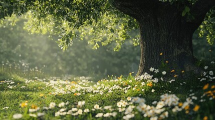 Stunning Nature Background with Majestic Oak Tree and Blooming Wildflowers – Lush Green Meadow, Sunlit Forest Landscape, Tranquil Outdoor Scenery 