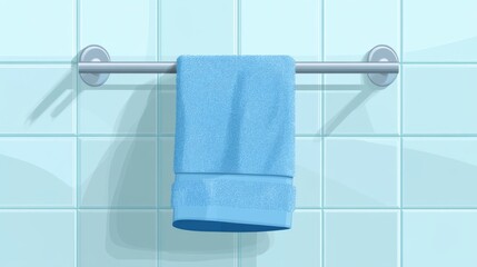 Blue towel on bathroom towel rack against tile wall in clean minimalist space