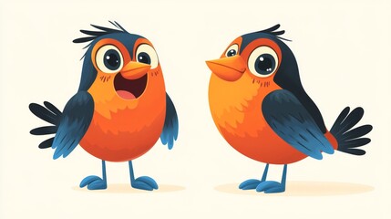 Cute cartoon robins with colorful plumage and expressive faces on light background