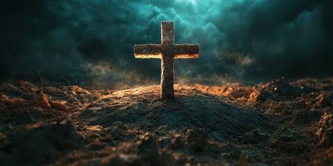 Fototapeta premium Dramatic representation of a stone cross illuminated in a dark, misty environment at dusk