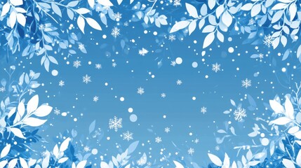Blue winter background with snowflakes and white leaves