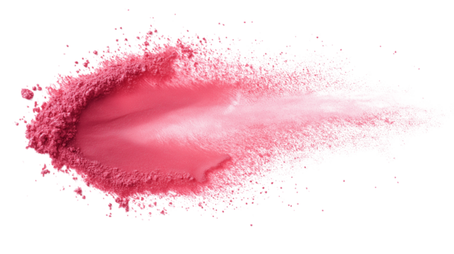 Soft pink blush powder stroke with delicate gradient effect, cosmetic texture with realistic dust, isolated on white background, PNG format
