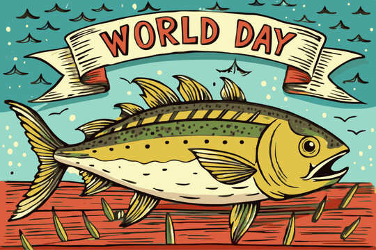 World Day Celebration Featuring Artistic Fish Illustration on Vibrant Background - Powered by Adobe