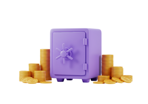 Isolated Purple Safe Surrounded by Stacks of Gold Coins