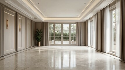 Fototapeta premium Elegant and Spacious Living Room with Natural Light and Minimalist Design
