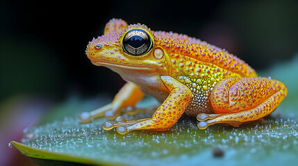 Obraz premium Tiny orange frog on a leaf in the jungle