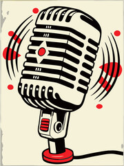 Retro Microphone Illustration with Vibrant Sound Waves and Vintage Art Style