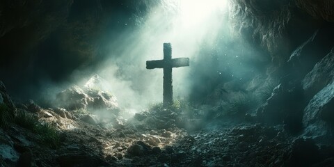 Naklejka premium Mysterious cave illuminated by light with a cross positioned in the center surrounded by rocks and a misty atmosphere