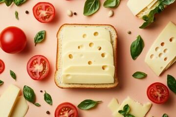 Naklejka premium Creative Flat Lay of a Cheese Sandwich Surrounded by Fresh Ingredients Kitchen Food Photography Minimalist Top View Delicious Concept